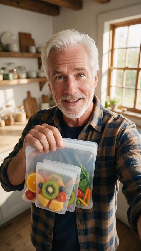 Silicone food bag testimonial: AI-generated testimonial clip: a fictional creator in his sixties shows reusable food bags