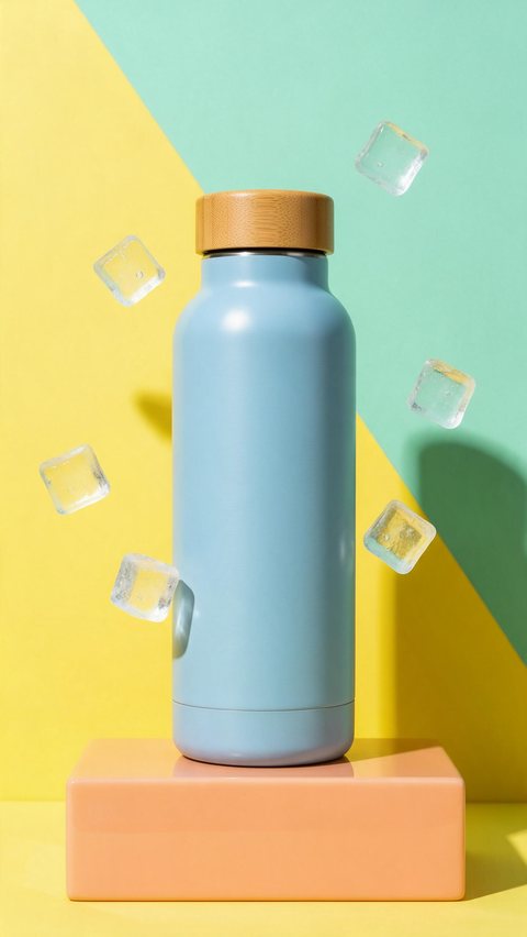 Pastel bottle color pop clip: AI-generated colour pop clip: a pastel insulated bottle bounces between colour blocks