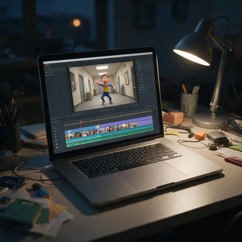Laptop showing a cartoon character dancing in an office hallway clip