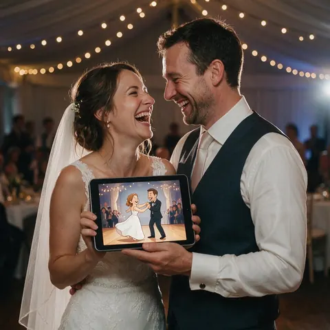Wedding couple laughing at a cartoon version of their first dance on a tablet