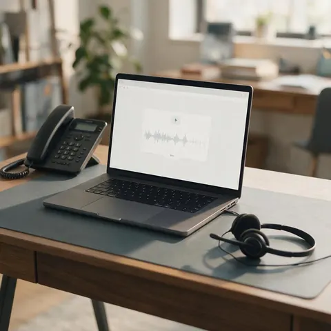 Home office laptop showing an audio upload screen with a waveform beside a desk phone