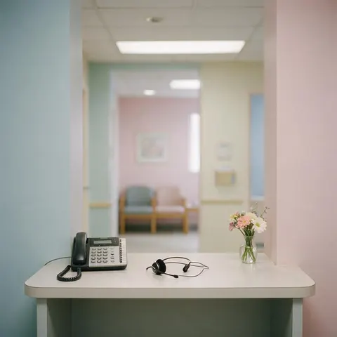 Calm clinic front desk with a phone, headset and flowers