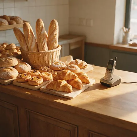 Bakery counter with fresh bread and pastries and a cordless phone