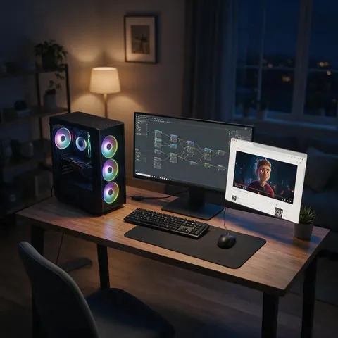 Home desk with a PC and a monitor showing a node graph and a video preview