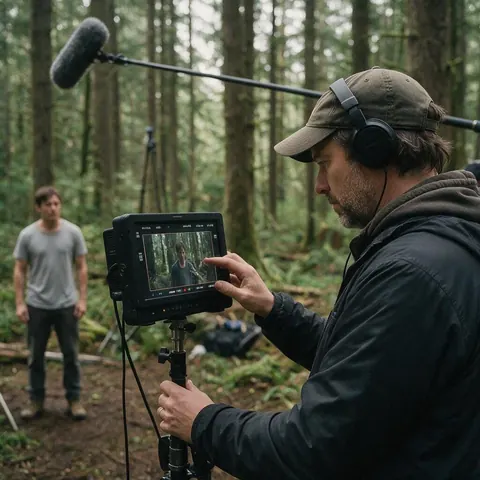 Filmmaker reviewing footage on a forest film set with a stand-in actor behind