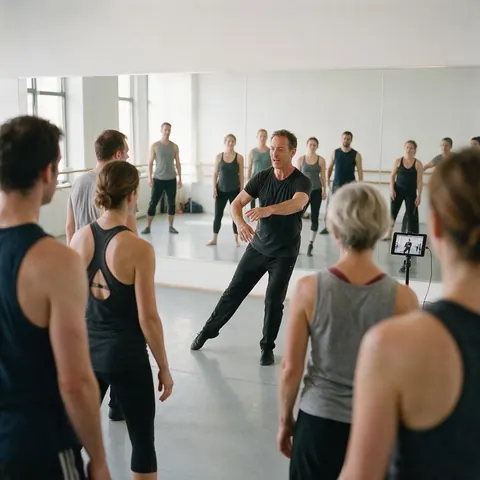 Dance teacher demonstrating a step to a class while a tablet films