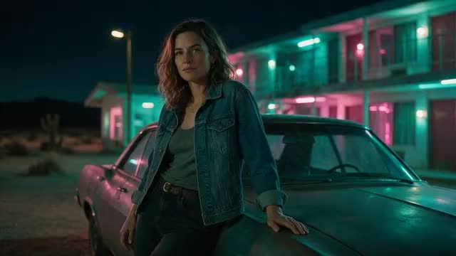 Looping clip: a fictional adult stepping away from a car at a neon desert motel