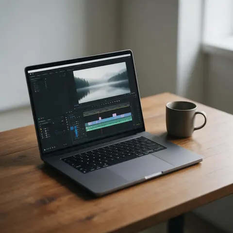 Laptop on a wooden desk showing a video timeline with a misty lake frame