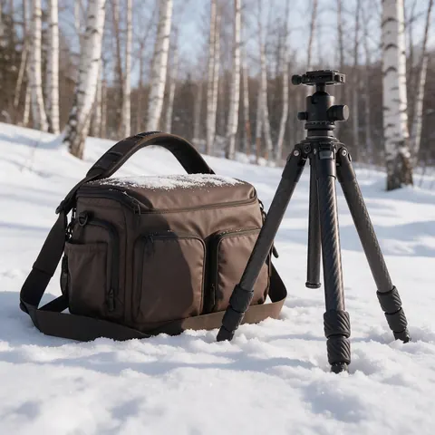 Camera bag and tripod on snowy ground at the edge of a birch forest