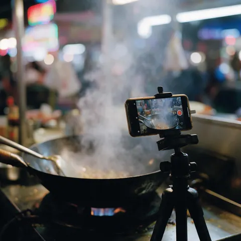 Smartphone on a tripod filming a steaming wok at a night market stall