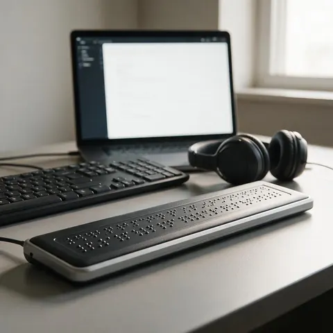 Braille display, keyboard and headphones in front of a high-contrast laptop screen