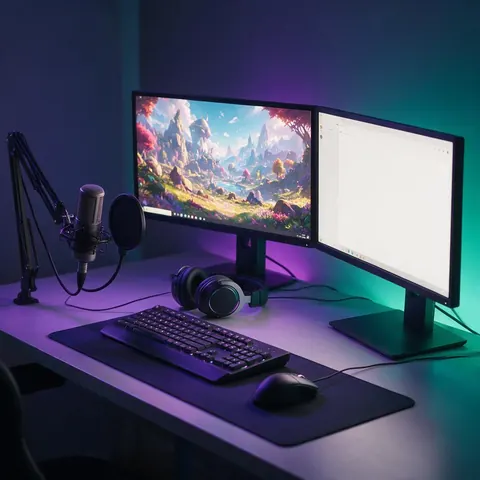 Streaming setup with a boom microphone, headphones and monitors with purple LED glow