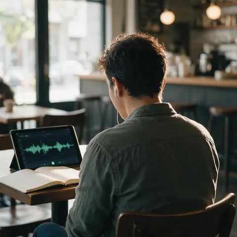 Learner seen from behind at a cafe table with earbuds and a tablet showing a waveform