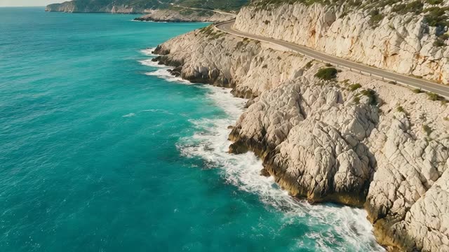 Slow drone drift over a crisp turquoise coastline