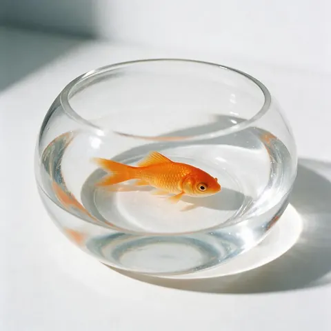Goldfish in a round glass bowl on a white table in bright light