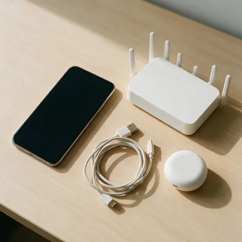 Flat lay of a smartphone, Wi-Fi router, charging cable and earbuds