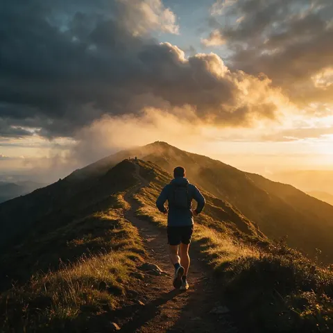 Runner seen from behind on a mountain ridge trail at sunrise