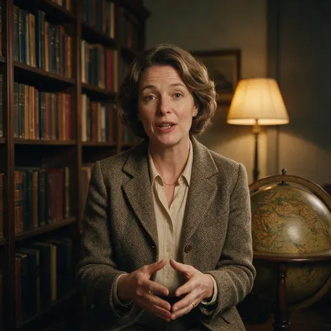 History lecturer speaking to camera by a bookshelf