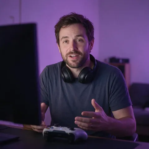 Game reviewer talking to camera at his desk