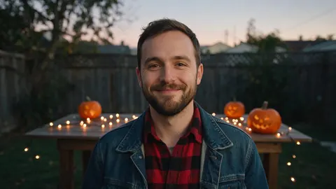 Photo of a bearded man in a flannel shirt in a backyard with string lights and pumpkins at dusk (before)