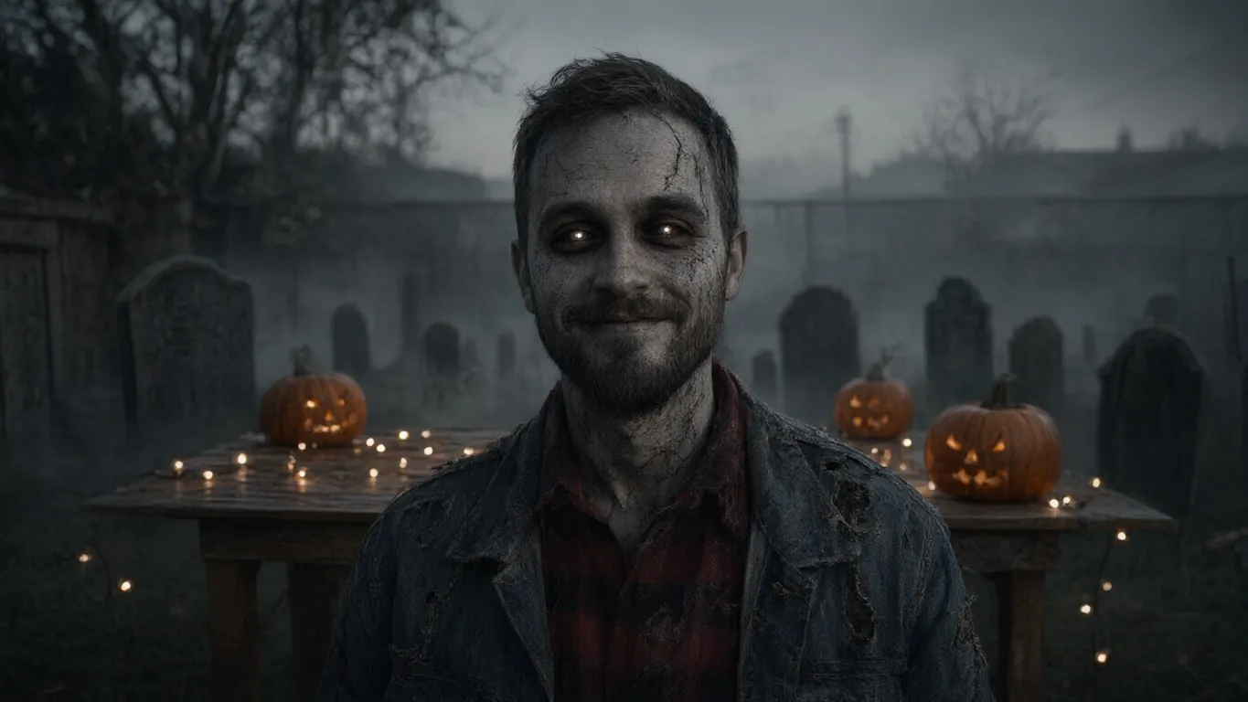 Photo of a bearded man in a flannel shirt in a backyard with string lights and pumpkins at dusk (after)