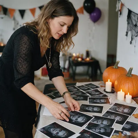 Host laying out Halloween invitation cards with zombie portraits
