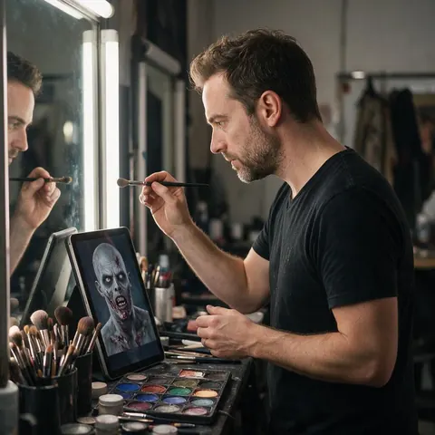 Makeup artist with a tablet reference beside the mirror