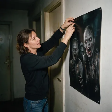 Escape room owner hanging a poster of zombie staff portraits
