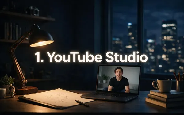 1. YouTube Studio title card — a creator's desk at night with a laptop showing a plain video frame of a fictional adult speaking to camera