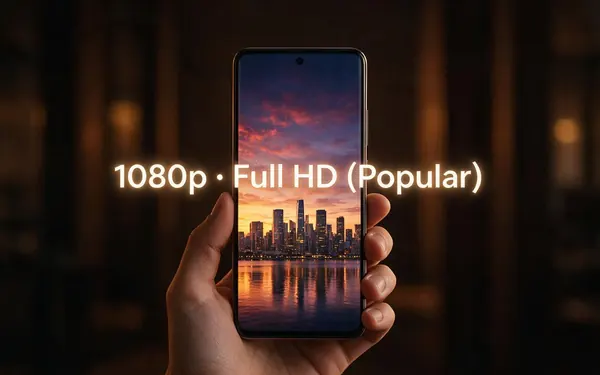 1080p · Full HD (Popular) title card — a vertical phone held in a hand showing a crisp