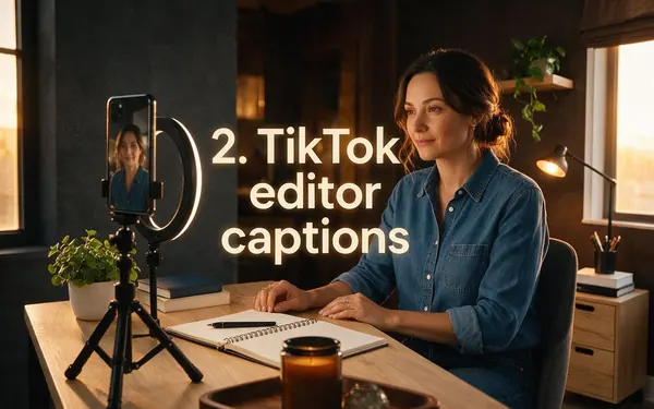 2. TikTok editor captions title card — a vertical phone on a tripod filming a fictional adult speaking to camera in a bright bedroom