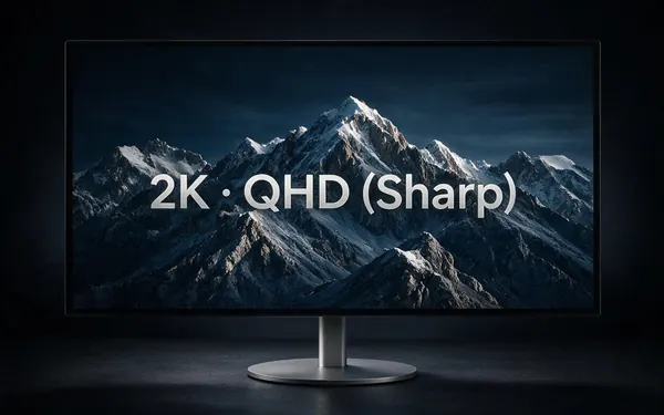 2K · QHD (Sharp) title card — a wide desktop monitor on a dark desk showing a razor-sharp video frame of snowy mountain ridges