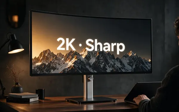 2K · Sharp title card — a wide desktop monitor on a dark desk showing a razor-sharp video frame of snowy mountain ridges