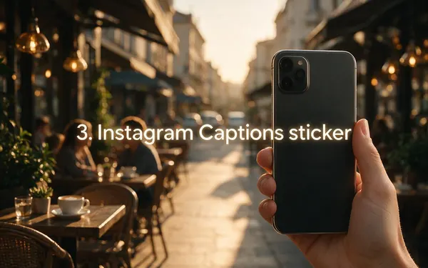 3. Instagram Captions sticker title card — a hand holding a vertical phone filming a sunny street café scene