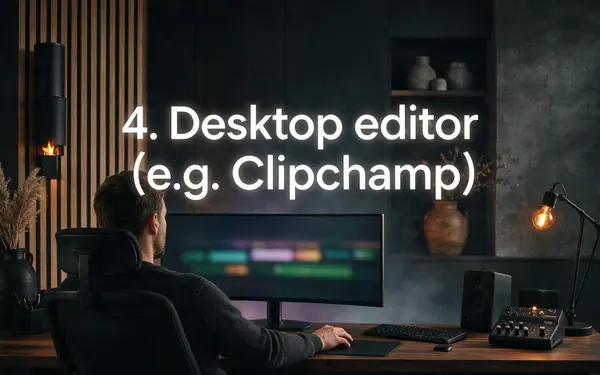 4. Desktop editor (e.g. Clipchamp) title card — a tidy editing desk with a wide monitor showing a soft timeline of colour blocks