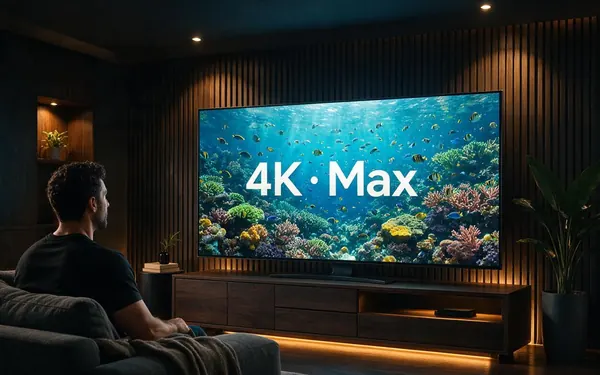 4K · Max title card — a large living-room television showing an ultra-detailed coral reef video frame