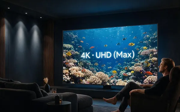 4K · UHD (Max) title card — a large living-room television showing an ultra-detailed coral reef video frame