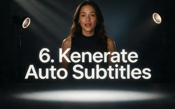 6. Kenerate Auto Subtitles title card — a cinematic frame of a fictional adult speaking to camera in a softly lit studio with a glowing lower band of empty light where captions wou