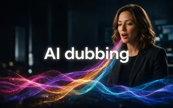 AI dubbing title card — a film frame of a fictional adult presenter speaking