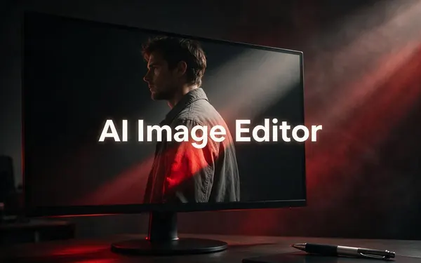AI Image Editor title card — a portrait photo on a large retouching monitor where one sleeve of a fictional adult model's grey jacket is turning deep red under a soft brush of ligh
