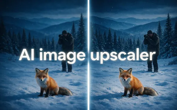 AI image upscaler title card — a small blurry photo of a red fox in snow becoming a large crisp high-resolution print