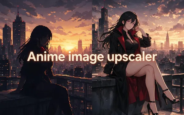 Anime image upscaler title card — an anime-style illustration of a fictional adult heroine on a city rooftop at sunset