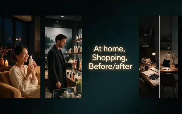 At home, Shopping, Before/after title card — three vertical phone-screen frames side by side