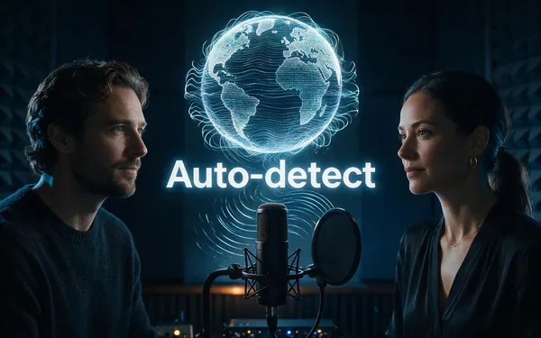 Auto-detect title card — a glowing globe made of soft sound waves floating above a podcast microphone in a dark studio