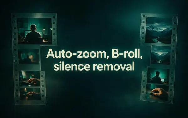 Auto-zoom, B-roll, silence removal title card — an abstract film strip with zoom-in frames and cut gaps