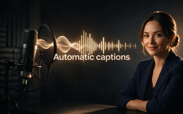 Automatic captions title card — a microphone with sound waves turning into soft glowing light bars