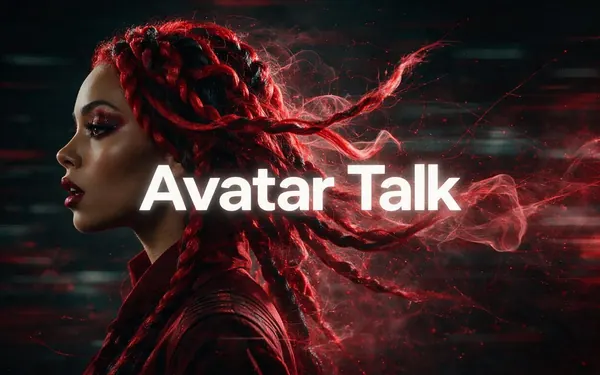 Avatar Talk title card — a portrait photograph of a fictional adult woman coming to life mid-word