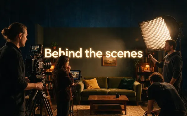 Behind the scenes title card — a small film crew behind a camera on a cosy set with warm practical lights