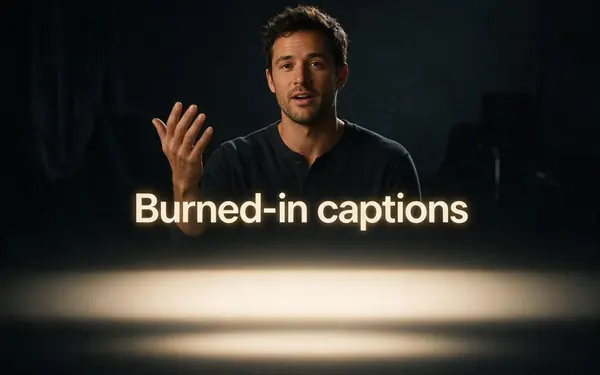 Burned-in captions title card — a cinematic frame of a fictional adult speaking to camera with a soft glowing empty band across the lower third
