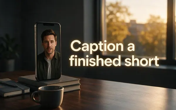 Caption a finished short title card — a vertical phone on a desk showing a finished short of a fictional adult speaking to camera